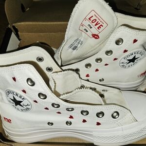 Converse White High-Tops with Red Heart Details